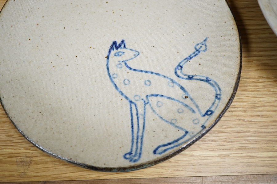 Jill Fanshawe Kato (b.1943), two studio pottery dishes, one decorated with pheasants, impressed marks to the bases, largest 34cm wide
